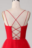 Vestido de fiesta con espalda anudada con cuello en V plisado en V de tul rojo