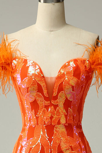 Lentejuelas Naranja Fuera del Hombro Vestido de Fiesta Sirena Con Plumas