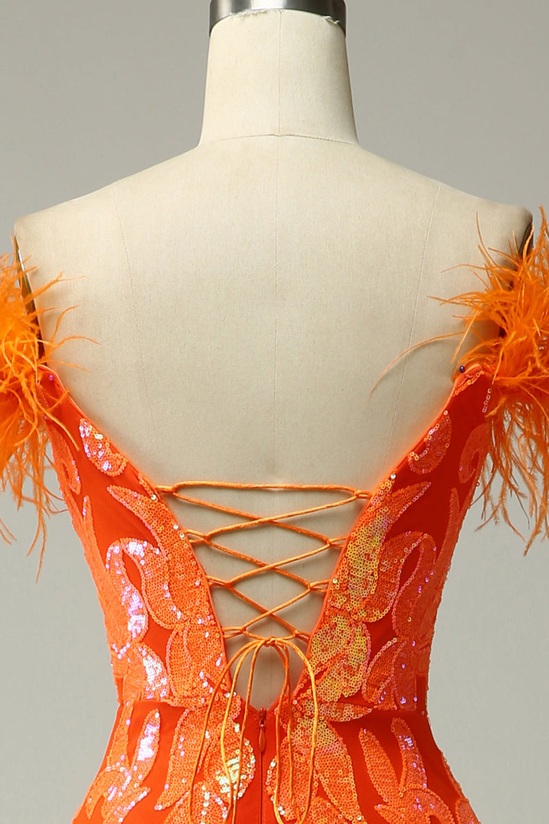 Cargar imagen en el visor de la galería, Lentejuelas Naranja Fuera del Hombro Vestido de Fiesta Sirena Con Plumas
