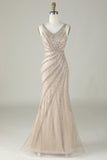 Sparkly Champagne Beaded Mermaid Long Prom Dress con envoltura