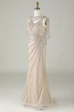 Sparkly Champagne Beaded Mermaid Long Prom Dress con envoltura