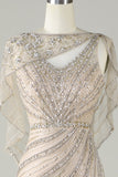 Sparkly Champagne Beaded Mermaid Long Prom Dress con envoltura