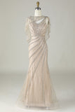 Sparkly Champagne Beaded Mermaid Long Prom Dress con envoltura