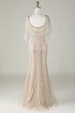 Sparkly Champagne Beaded Mermaid Long Prom Dress con envoltura