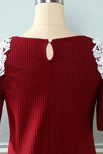 Vestido de punto rojo oscuro fuera del hombro con apliques