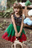 Vestido de niña de flores verde y roja con lentejuelas