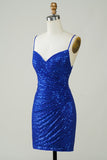 Sparkly Bodycon Spaghetti Straps Royal Blue Selenteys Short Homecoming Dress