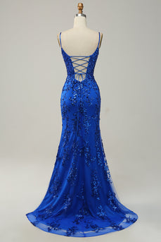 Sirena Tirantes de Espagueti Azul Real Vestido de Fiesta
