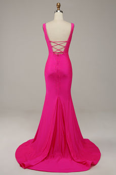 Fucsia Sirena Cuello en V Vestido de Fiesta Con Cuentas