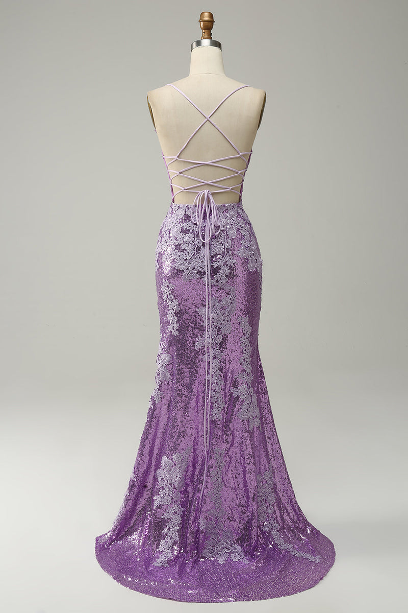 Cargar imagen en el visor de la galería, Sirena Tirantes de Espagueti Púrpura Vestido de Fiesta Con Apliques