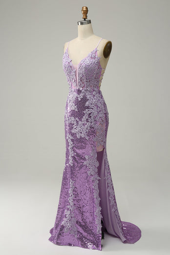 Sirena Tirantes de Espagueti Púrpura Vestido de Fiesta Con Apliques