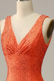 Sirena Cuello en V Naranja Vestido de Fiesta Con Abalorios