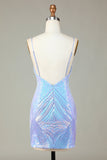 Sparkly Sheath Spaghetti Straps Blue Selents Short Homecoming Dress con espalda