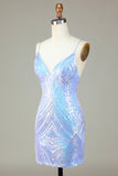 Sparkly Sheath Spaghetti Straps Blue Selents Short Homecoming Dress con espalda