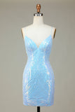 Sparkly Sheath Spaghetti Straps Blue Selents Short Homecoming Dress con espalda