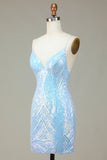 Sparkly Sheath Spaghetti Straps Blue Selents Short Homecoming Dress con espalda