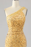 Vestido de fiesta dorado de lentejuelas de sirena de un hombro con abertura