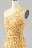 Vestido de fiesta dorado de lentejuelas de sirena de un hombro con abertura