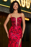 Elegante vestido de fiesta con correas de espagueti de sirena rojo oscuro con corsé rojo oscuro con frente dividido
