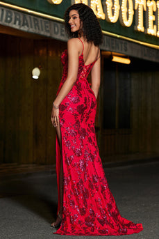 Elegante vestido de fiesta con correas de espagueti de sirena rojo oscuro con corsé rojo oscuro con frente dividido
