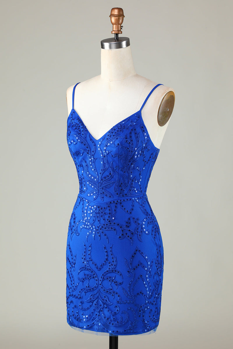 Cargar imagen en el visor de la galería, Lentejuelas Azul Real Correas de Espagueti Vestido Corto