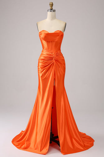 Corsé de novia de sirena naranja vestido de fiesta largo brillante con abertura