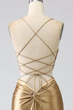 Vestido de fiesta largo de satén con tirantes de espagueti de sirena dorada con cordones en la espalda