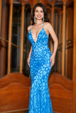 Mermaid Spaghetti Straps Blue Sequins Long Prom Dress