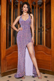 Vestido de fiesta de lentejuelas brillantes de color púrpura claro de sirena con abertura