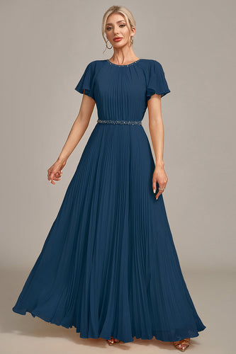 Vestido de novia plisado azul marino de cuello redondo con manga corta