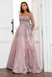 V Cuello Gris Rosa Vestido Madre con Cuentas