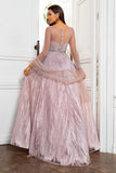 V Cuello Gris Rosa Vestido Madre con Cuentas
