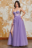 Vestido de fiesta de corsé púrpura con tirantes de espagueti de línea A con flores 3D