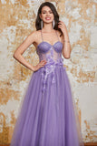 Vestido de fiesta de corsé púrpura con tirantes de espagueti de línea A con flores 3D