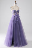 Vestido de fiesta con corsé de tirantes finos de línea A púrpura con flores 3D