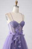 Vestido de fiesta con corsé de tirantes finos de línea A púrpura con flores 3D