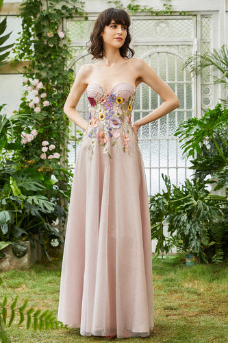 Elegante A Line Strapless Blush Vestido de invitado de boda largo con flores 3D