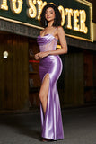 Elegante vestido de fiesta de corsé púrpura con correas de espagueti de sirena con frente dividido