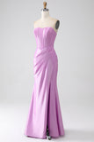 Vestido de fiesta de corsé de sirena púrpura sin tirantes con plisado