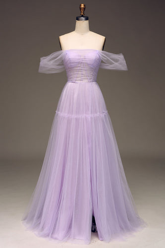 Lila Off The Shoulder Una línea Tulle Princess Prom Dress With Slit