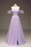 Lila Off The Shoulder Una línea Tulle Princess Prom Dress With Slit