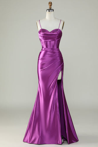Correas de espagueti púrpura oscuro sirena vestido largo de graduación con hendidura