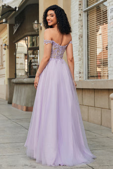 Precioso Un Vestido De Fiesta De Corsé Púrpura De Línea De Hombros Fuera De Hombros Con Apliques