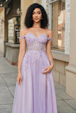 Precioso Un Vestido De Fiesta De Corsé Púrpura De Línea De Hombros Fuera De Hombros Con Apliques