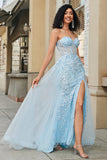 Encantador A Line Sweetheart Blue Corset Prom Dress con hendidura de abalorios
