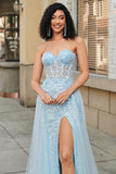Encantador A Line Sweetheart Blue Corset Prom Dress con hendidura de abalorios