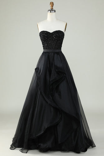 Princess A Line Sweetheart Black Strapless Ball Gown Vestido de noche formal