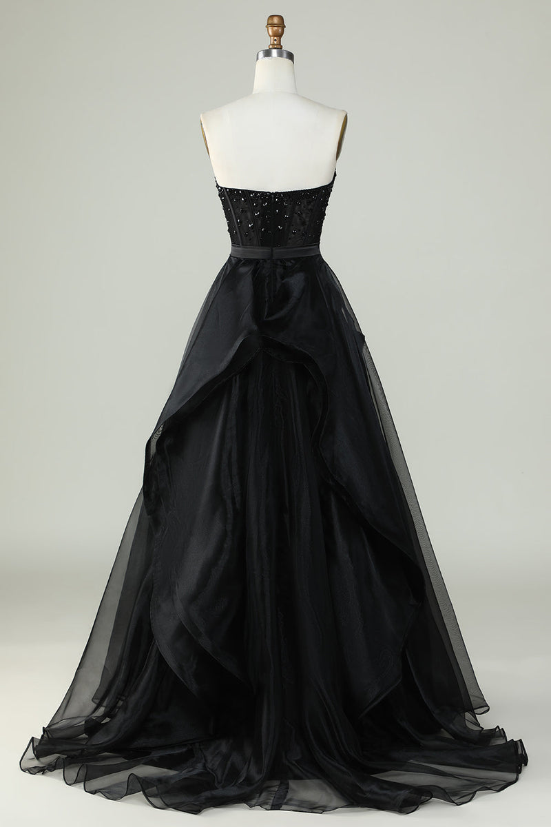 Cargar imagen en el visor de la galería, Princess A Line Sweetheart Black Strapless Ball Gown Vestido de noche formal