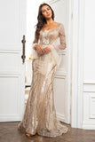 Vestido de sirena madre dorada con manga larga