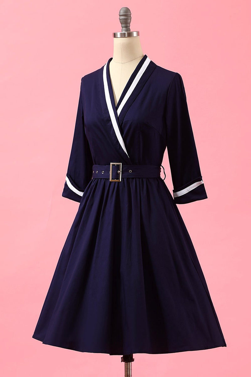 Cargar imagen en el visor de la galería, Vestido casual azul marino con cuello en V